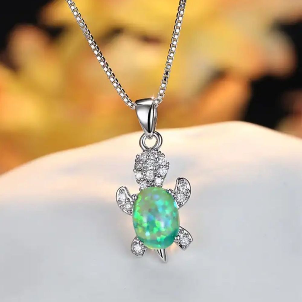 “Just Keep Swimming” Green Opal Turtle Dainty Cute Sterling Silver Gift Necklace - Picture 12 of 12
